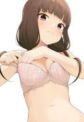 1girls adjusting_bra annoyed_expression belly_button blunt_bangs blush_lines bra female female_only hand_in_bra hand_in_own_bra hand_on_breast hiroki_yyqw7151 human iino_miko kaguya-sama_wa_kokurasetai_~tensai-tachi_no_renai_zunousen~ light-skinned_female long_hair looking_at_viewer simple_background small_breasts solo white_background