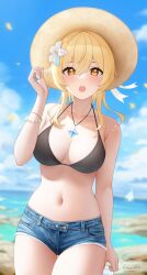 1girls beach big_breasts bikini bikini_top blonde_hair blush breasts busty cleavage denim denim_shorts female female_only fukuro_ko_(greentea) genshin_impact hat hi_res jewelry looking_at_viewer lumine_(genshin_impact) midriff navel necklace primogem shorts yellow_eyes