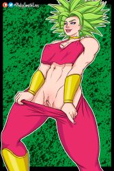 abs big_breasts blue_eyes clothing dragon_ball dragon_ball_super female_only flashing fusion green_hair kefla labia legendary_super_saiyan leggings lipstick muscle muscles muscular muscular_female no_panties philipsmitheros pussy saiyan shaved_pussy shounen_jump super_saiyan super_saiyan_2