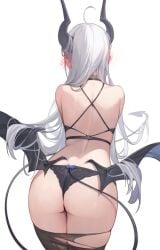 ahoge arched_back ass back bare_shoulders black_bra black_panties blush bra cowboy_shot demon demon_girl demon_horns demon_tail demon_wings female from_behind grey_hair highres horns leaning_forward lingerie long_hair low_wings nekojira original panties pointy_ears solo spaghetti_strap string_bra string_panties tail thea_(nekojira) thighhighs thighs torn_clothes torn_legwear underwear underwear_only wings