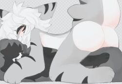 anthro anthro_only ass body_pillow changed_(video_game) dark_latex gay grinding looking_at_viewer looking_back male no_humans no_visible_genitalia shark tail_up the_wolf_king_(changed) tiger_shark_(changed) tigershorky white_hair wolf_king_(changed)