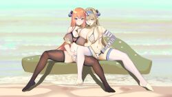 2girls absurdres arknights asymmetrical_docking bagpipe_(arknights) bikini black_legwear breast_grab breast_press breasts cleavage clitoral_stimulation clitoral_stimulation_through_clothing covered_nipples dragon_horns feet female_masturbation fingering grabbing grey_hair highres horns ken_(artist) large_breasts legs lingerie looking_at_viewer masturbation multiple_girls navel pointy_ears purple_eyes red_hair saileach_(arknights) sitting skindentation spread_legs swimsuit thighhighs thighs toeless_legwear toes touching underwear white_legwear yuri