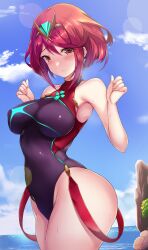 1girls ass blush breasts looking_at_viewer nintendo one-piece_swimsuit pyra red_eyes red_hair seaside sweat swimsuit taka-kun thighs tiara water xenoblade_(series) xenoblade_chronicles_2