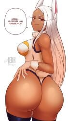 1girls ass ass_focus big_ass big_breasts blue_thighhighs breasts bunny_ears bunny_girl bunny_tail clothing curvaceous curvy dat_ass dialogue female female_only hair hand_on_hip hips huge_ass jerkdibuja leotard long_hair looking_at_viewer miruko my_hero_academia red_eyes rumi_usagiyama smile solo solo_female spanish_text superheroine text thick_thighs thighhighs thighs white_hair wide_hips