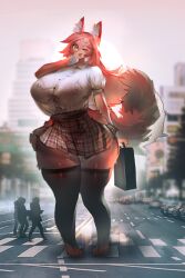 big_breasts breasts cute female fox_ears fox_girl fox_tail fully_clothed fur furry giantess huge_breasts macro_female micro_on_macro skirt suitcase tagme thick_thighs unnamed_fox_(utterangle) utterangle wide_hips