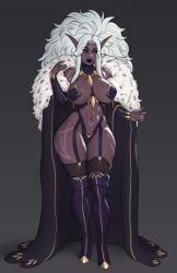 akira_raikou black_sclera cape dark-skinned_female dark_elf dark_skin drow elf large_breasts long_hair navel nipple_covers pinup pointy_ears purple_eyes revealing_clothes skimpy solo standing thick_thighs thighhighs white_hair wide_hips