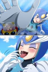 1girls 2boys bass_(mega_man) dr._wily eaten_alive giant giantess larger_female mega_man saliva size_difference smaller_male splash_woman tongue tongue_out vore water