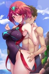 ass ass_grab blush breasts faceless faceless_male imminent_sex looking_at_viewer nintendo one-piece_swimsuit pyra red_eyes red_hair rex_(xenoblade) seaside sweat swimsuit taka-kun thigh_grab thighs tiara water xenoblade_(series) xenoblade_chronicles_2