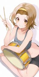 1girls ass determined drummer female grin hiroki_yyqw7151 k-on! ritsu_tainaka_(k-on!) short_hair shorts simple_background small_breasts smug smug_face solo white_background