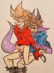 eddsworld gay gay_sex horns male male/male male_only male_penetrating male_penetrating_male monster paper partially_clothed partially_human penis tail tom_(eddsworld) tord_(eddsworld) traditional traditional_art traditional_media