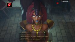 3d ahe_gao big_penis blender breath_of_the_wild brown_skin cross-eyed cum_on_body cum_on_face dark-skinned_futanari dark-skinned_male dialogue dialogue_box facial futanari gerudo hud huge_cock in-game looking_up male/female male/futa on_knees red_hair silly_face the_legend_of_zelda tscd_rendering unseen_male_face urbosa