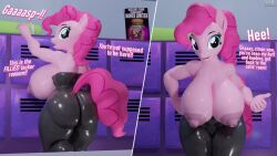 3d big_ass big_breasts big_nipples big_penis caught dialogue latex latex_clothing locker_room moorsheadfalling my_little_pony pink_hair pink_skin pinkie_pie_(mlp) smile straight_hair tail topless