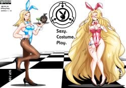 2girls black_high_heels blonde_hair blue_bunny_ears blue_ribbon bunny_ears bunny_girl bunnysuit collar english english_text high_heels iris_thompson navel red_bunny_ears red_bunnysuit red_ribbon ribbon scp scp-105 scp-166 scp-166-arc scp_foundation text very_long_hair white_background white_collar ylang_ilang