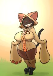 1girls big_breasts blazblue brown_skin cat_ears cat_tail catgirl closed_eyes feline female kaka_(blazblue) long_sleeves nipple_bulge sharp_teeth taokaka thingshappen