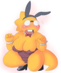 1girls 2d alphys aruput aruput_ut bunnysuit cameltoe chubby erect_nipples erect_nipples_under_clothes fat female female_only glasses high_heels huge_breasts humanoid leotard lizard_girl lizard_humanoid nipple_bulge overweight solo squatting tagme undertale undertale_(series)