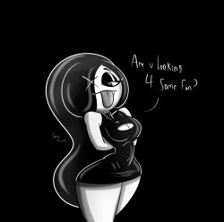 1girls big_breasts breasts clothed clothing dialogue dress female female_only fully_clothed gorila_invisible_(artist) goth inky_(gorila_invisible) monochrome original original_character solo standing tagme text thick_thighs tongue tongue_out wide_hips