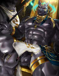 abs absurd_res accessory anthro anubian_jackal anubis balls biceps biped black_balls black_body black_fur black_penis blush bodily_fluids canid canine canis claws clothed clothing cock_ring deity duo egyptian egyptian_mythology erection erection_under_clothing finger_claws fur genitals gold_(metal) gold_jewelry grin hi_res humanoid_genitalia humanoid_penis ig ig1119 jackal jewelry looking_at_viewer male male/male mammal middle_eastern_mythology muscular muscular_anthro muscular_male mythology nipples open_mouth pecs penis penis_accessory penis_jewelry red_eyes sitting smile sweat