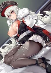 1girls azur_lane black_footwear black_headwear black_legwear blush breasts breasts_out coat commentary_request cover cover_page cross cum cum_on_body cum_on_breasts cum_on_clothes dutch_angle female full_body fur_trim graf_zeppelin_(azur_lane) hair_between_eyes hat high_heels highres iron_blood_(azur_lane) iron_cross lace large_breasts legs_together light-skinned_female light_skin long_hair long_sleeves looking_at_viewer military_hat miniskirt naha78 nipples pantyhose purple_eyes sitting skirt solo sweatdrop white_hair