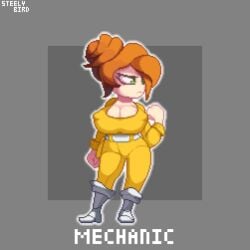 female green_eyes jumpsuit mechanic_(terraria) red_hair skin_tight solo steely_bird terraria