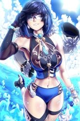 1girls beach big_ass big_breasts blue_eyes blue_hair eyewear female female_only genshin_impact imminent_swimming light-skinned_female midriff navel spiritdraws summer swimsuit thick_thighs yelan_(genshin_impact)