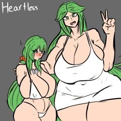 2girls bikini cleavage dress fully_clothed gokusenpai green_hair huge_breasts kid_icarus kid_icarus_uprising kingdom_hearts larger_female milf mother_and_daughter nintendo nipples_visible_through_clothing original_character palutena plump twintails wide_hips