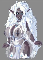 bare_shoulders blue_eyes bracelet breasts cleavage dark-skinned_female dark_skin dawnofthebluemoon elf huge_breasts kingofundrock long_hair looking_at_viewer oc revealing_clothes solo white_hair