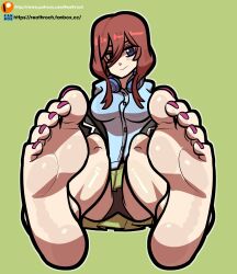 blue_eyes brown_hair button_down_shirt feet foot_fetish foot_focus go-toubun_no_hanayome headphones headphones_around_neck nakano_miku panties pink_toenails reathroch skirt upskirt