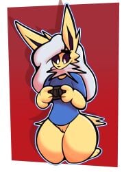 2022 anthro big_ears black_nose blue_clothing blue_shirt blue_topwear bottomless bottomless_female cleft_of_venus clothed clothing digital_media_(artwork) eeveelution eyebrows eyelashes female flat_chested front_view fur gaming genitals hair hi_res holding_object jolteon looking_down nintendo nintendo_switch playing_videogame pokémon_(species) pokemon pussy shaded shirt simple_background solo thick_thighs topwear topwear_only video_games white_hair wide_hips yellow_body yellow_fur zantanerz_(artist)