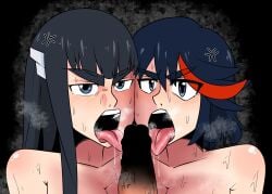 1boy 2girls bad_censor big_penis black_hair blowjob covering fellatio female female_focus gozugozuuu human kill_la_kill kiryuuin_satsuki male matoi_ryuuko multiple_girls oral penis tongue tongue_out