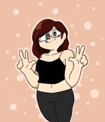 1girls 5_fingers :b alternate_version_available astranger belly_button black_legwear blep brown_hair clothed collarbone female female_only fingers fully_clothed glasses midriff navel peace_sign solo solo_female tongue tongue_out v yoga_pants