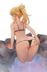 1girls 2022 absurd_res ass ass_cleavage bikini blonde_hair blush butt_crack fate/apocrypha fate/grand_order fate_(series) female female_only grabbing_own_ass green_eyes hips kiritzugu large_ass mordred_(fate) mordred_(swimsuit_rider) petite ponytail reaching_back simple_background slim_waist small_breasts solo thighs tomboy white_background