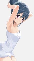 armpits gray_background hiroki_yyqw7151 looking_at_viewer shima_rin towel towel_only white_background yurucamp