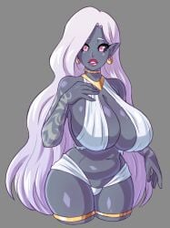 bare_shoulders bikini black_sclera cleavage dark-skinned_female dark_skin dawnofthebluemoon drow earrings elf huge_breasts jewelry kingofundrock long_hair navel oc pink_eyes pointy_ears solo white_hair