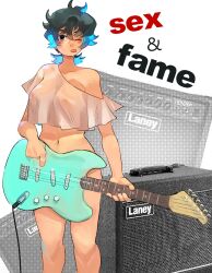 big_breasts black_hair blue_highlights bottomless breasts coal_(lunydoobles) convenient_censorship covering_crotch electric_guitar female guitar lunydoobles no_bra no_bra_under_clothes see-through see-through_clothing see-through_top tagme tomboy