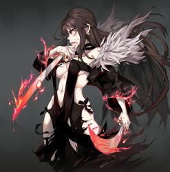 bangs bare_shoulders breasts brown_hair choker consort_yu_(fate) dress dual_wielding earrings fate_(series) female gradient gradient_background grey_background highres holding jewelry kid_(artist) long_hair medium_breasts no_bra pale_skin red_eyes revealing_clothes simple_background standing sword weapon yu_mei-ren_(fate) yu_miaoyi_(fate)