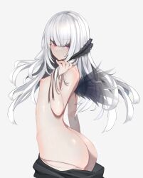 ass bangs breasts closed_mouth cowboy_shot female from_side hand_in_own_hair highres long_hair looking_at_viewer nipples red_eyes rozen_maiden simple_background small_breasts solo standing suigintou topless tousen white_background white_hair