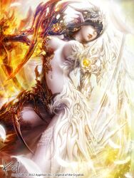 asymmetrical_clothes black_hair breasts cleavage copyright_name dated earrings female fire jewelry kidkidkidkid large_breasts legend_of_the_cryptids long_hair navel_piercing original parted_lips piercing pointy_ears signature smile solo