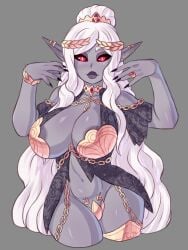 areolae bracelet chains cleavage dark-skinned_female dark_skin dawnofthebluemoon drow ear_piercing elf huge_breasts jewelry kingofundrock long_hair navel oc pointy_ears red_eyes revealing_clothes ring solo white_hair