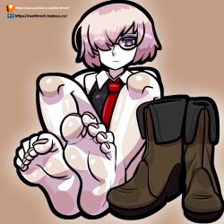 barefoot boots boots_removed fate/grand_order fate_(series) feet foot_fetish foot_focus glasses hair_over_one_eye mash_kyrielight pink_hair purple_eyes reathroch soles toes