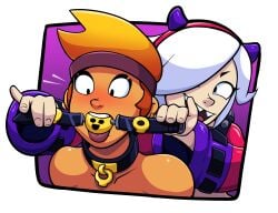 2girls amber_(brawl_stars) ball_gag bondage brawl_stars colette_(brawl_stars) dark-skinned_female latina light-skinned_female multiple_girls naked_female orange_hair roxley white_hair yuri