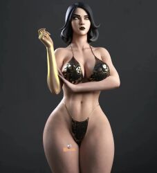 big_breasts bikini black_hair curvy curvy_female fortnite gold_eyes marigold_(fortnite) thick_thighs