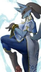 1girls anthro anthro_only bent_leg big_breasts breasts chun-li_(cosplay) cosplay female female_lucario female_only looking_at_viewer lucario narrowed_eyes nintendo pawpads pokemon pokemon_(species) pose red_eyes side_view smiling smiling_at_viewer solo solo_female standing_on_one_leg street_fighter street_fighter_6 thick_thighs yuio