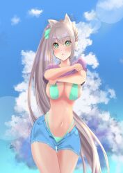 1girls 2022 aqua_bra aqua_thong bra cat_ears clouds estebaneishon1 female female_focus grey_hair hizuki_miu looking_at_viewer pale-skinned_female pale_skin ponytail side_ponytail solo solo_female thong undressing undressing_self virtual_youtuber wactor wactor_jp wactor_production