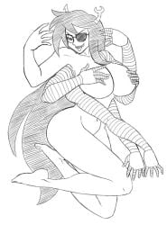 1girls 6_arms big_breasts breasts covering_breasts eyepatch female homestuck horn horns mindwipe multi_arm multi_limb nipples nude nude_female planetofjunk solo solo_female thick_thighs tongue_out vriska_serket