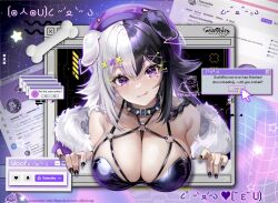 1girls alicevu134 animal_ears black_hair black_nails dog_ears female female_only glitch hair_ornament hat licking_lips light-skinned_female light_skin purple_eyes solo sooshie two_tone_hair virtual_youtuber white_hair