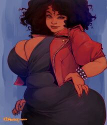 afro big_breasts black_dress black_female breasts bursting_breasts commission cowgirl_position cropped_jacket dark-skinned_female dress fat_rolls female hand_on_hip huge_breasts lips original plump red_jacket spiked_bracelet tagme tweedabop