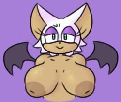 2021 absurd_res anthro areola big_areola big_breasts big_nipples breasts chiropteran eyelashes eyeshadow female fur green_eyes hi_res makeup mammal membrane_(anatomy) membranous_wings nipples nude purple_background purple_eyeshadow rouge_the_bat sega simple_background sleepyslut smile solo sonic_(series) sonic_the_hedgehog_(series) tan_areola tan_body tan_fur tan_nipples white_body white_fur wings