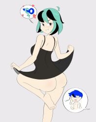 1boy 1boy1girl 1girls ass big_ass big_butt big_penis black_highlights blank_background blue_hair borrowed_character bottomless breasts chibi daisuke_jikihara daisuke_jikihara_(ichigo_ink) duo fanart female gift_art green_hair hetero huge_ass ichigo_ink interlocked_mars_and_venus_symbols inviting inviting_to_sex katie_(katieverse) katieverse light-skinned_female light_skin mars_symbol no_panties original original_character original_characters pale-skinned_male pale_skin purple_eyes quakeartnsfw small_breasts venus_symbol