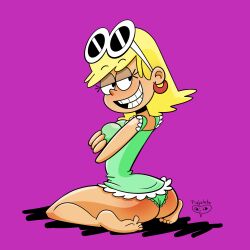 1girls ass blonde_hair breasts ear_piercing earrings female female_only leni_loud looking_at_viewer looking_back looking_back_at_viewer nickelodeon panties purple_background smile smiling smiling_at_viewer sunglasses sunglasses_on_head the_loud_house tlajolote_(artist)