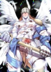 1boy angel angemon clothed cum cum_covered digimon half-erect jackray85674939 long_hair long_hair_male male male_only masked muscles muscular muscular_male penis_out ripped_clothes ripped_clothing solo staff uncut wings